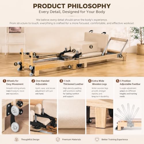 Pilates Reformer Machine - Quick-Assembly Oak Wood - Beige
