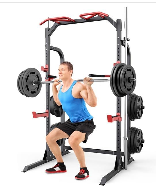 Half Power Cage Squat Rack with Pulley System and Weight Plate Storage