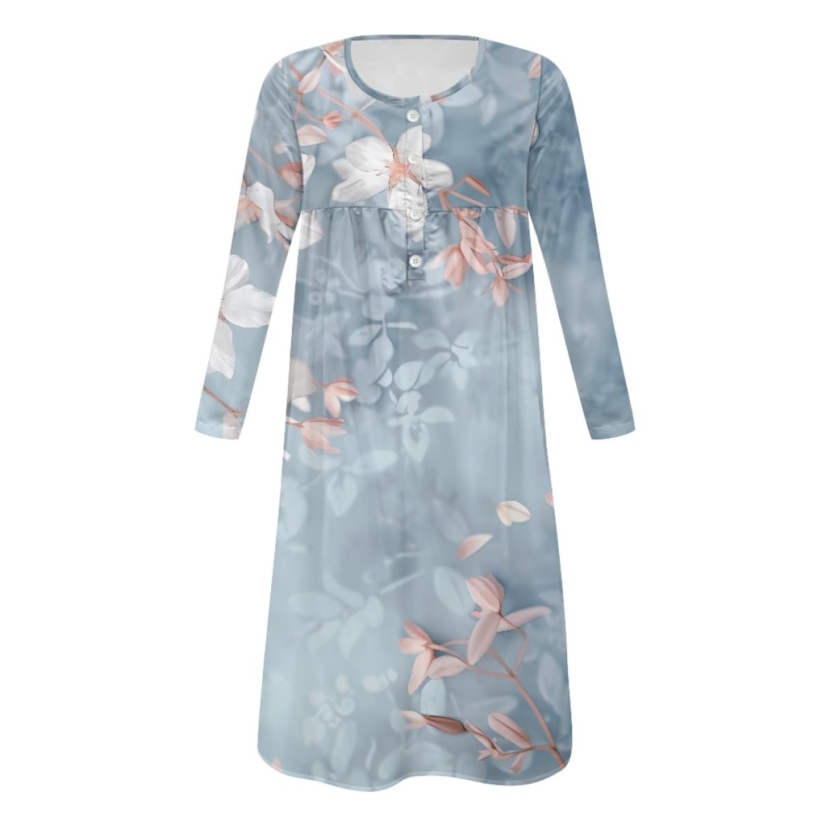 ZOCANIA Boho Dresses for Women 2024 Floral Maxi Dress V Neck Long Sleeve High Waist Plus Size Fall Dress Casual Tunic Dress Loose Wedding Guest Dresses for Women with Pockets,Blue White,3XL