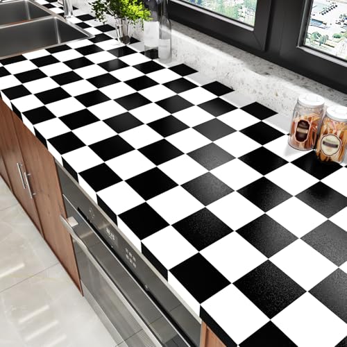 Wallercity Checkered Peel and Stick Wallpaper for Kitchen Countertops Waterproof Black and White Mosaic Contact Paper for Cabinets Tables Vinyl Self Adhesive Lattice Wallpapers for Walls 15.8''x78.7''