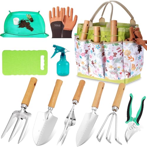 Garden Tool Set 11-Piece Heavy Duty Gardening Hand Tools - Rust-Resistant Stainless Steel with Durable Stylish Garden Tools Organizer Tote Bag | Ideal Gardening Gift for Women & Garden Enthusiasts