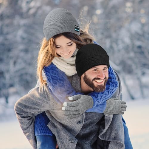 Wireless Winter Beanie Hat Set with Touchscreen Gloves - Black+Gray