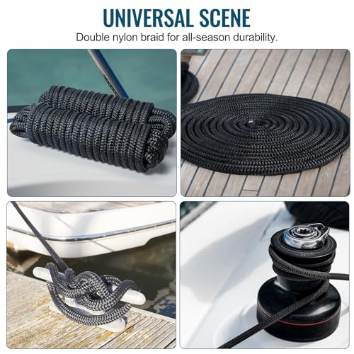 4 Pack 1/2" x 25' Dock Lines, Improved Nylon Boat Ropes, Black
