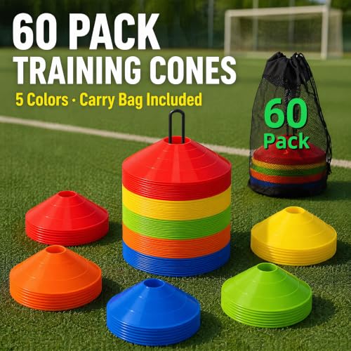 60 Pack Agile Soccer Cones with Portable Bags & Brackets
