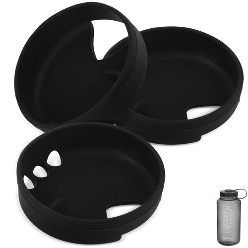 Impresa Silicone Wide Mouth Water Bottle Splash Guard - Compatible with Nalgene Wide Mouth Water Bottles - 3-Pack, Black - Drinking Spout & Sip Insert