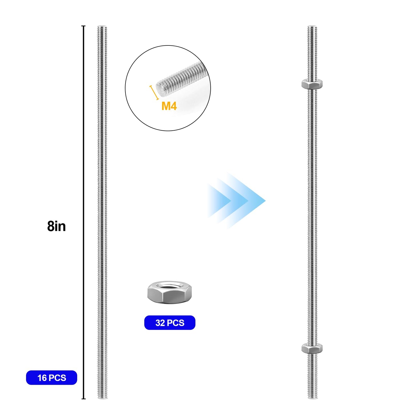 MingQiEven 48 Pack 8/32 Inch Stainless Steel M4 Threaded Rod with Hex Nuts Include 16 Pcs M4 Threads Studs Rods and 32 Pcs Fully Threaded Hex Nuts for Hangers and Beaded Garden Stake(8 Inch)