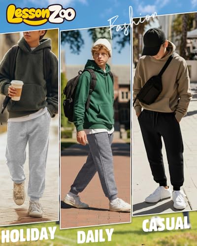 LessonZoo Boys' Athletic Joggers Sweatpants 3-Pack - Grey & Black, Large