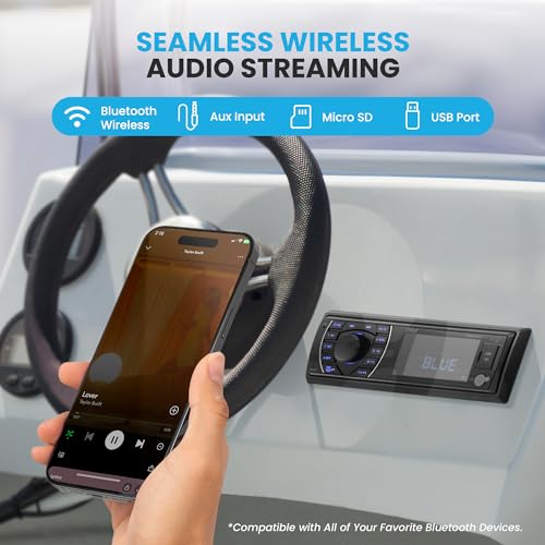 Pyle Black Marine Bluetooth Receiver Stereo - 12V Single DIN In-Dash Radio System with LCD, USB, SD, FM, RCA, MP3, Remote