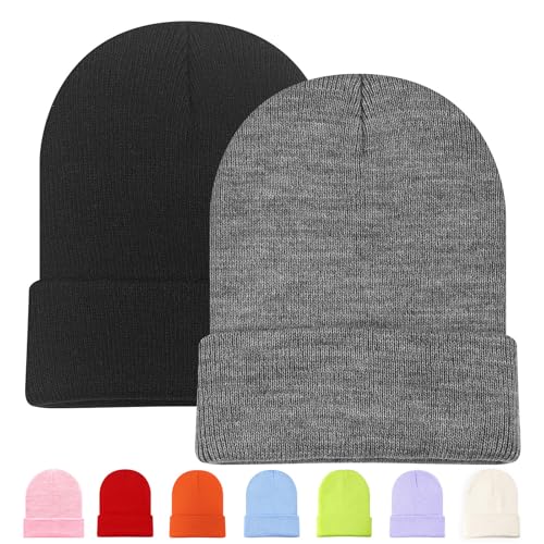 Winter Knit Beanie Hat - Soft Elastic Stocking Cap - Black+Gray