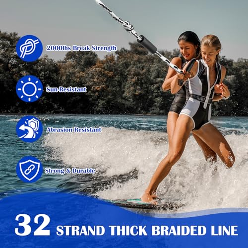 25ft Wakesurf Rope and Handle - Floating, Non-Slip Grip, White & Black