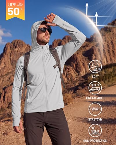 Locachy Men's UPF 50+ Sun Protection Zip Hoodie - Large Light Grey Outdoor Performance Shirt