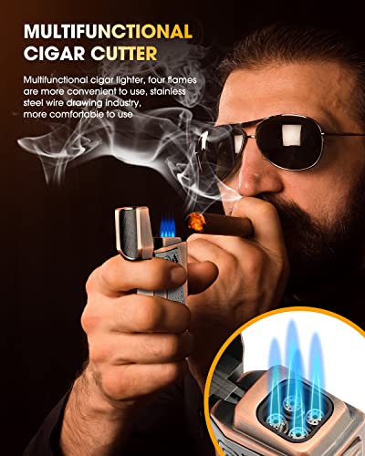 FANKAI Bronze 4 Jet Torch Flame Cigar Lighter with Punch & Holder, Windproof Refillable