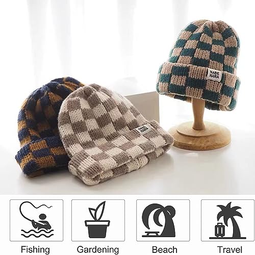 Women’s Cuffed Knit Beanie Hat - Checkerboard Plaid, Medium Green-Yellow-A