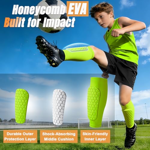 XZQTIVE Fluorescent Green X-Large Kids & Adult Soccer Shin Guards with Honeycomb Impact Padding
