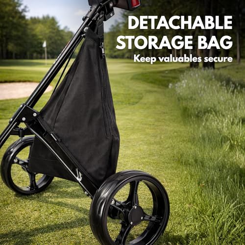 3-Wheel Golf Push Cart with Foot Brake & Storage Bag - Black/Black