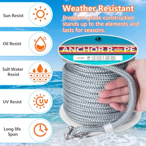 DEDU Gray 1/2 Inch x 150 FT Double Braided Marine Anchor Rope with Stainless Steel Thimble & Shackle - Ideal for Towing & Mooring, Boats Up to 35'