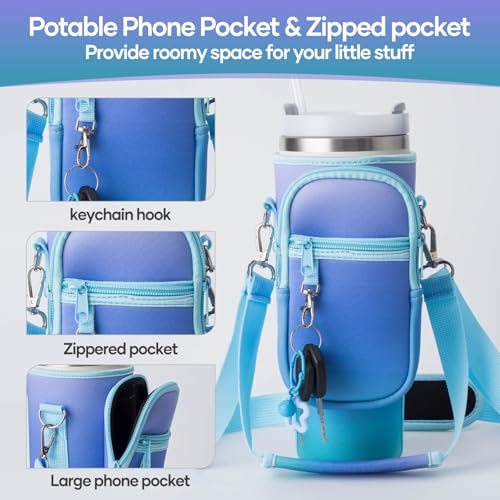linmaya Dark Blue 40oz Water Bottle Carrier Bag with Phone Pockets & Adjustable Strap