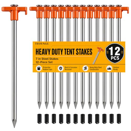 12-Pack Heavy Duty Tent Stakes - 7.1-Inch Rust-Resistant with Orange Sleeves
