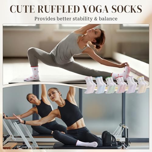 Women's Ruffle Pilates Grip Socks - 8 Pairs Cotton Non-Slip - Cool Fresh