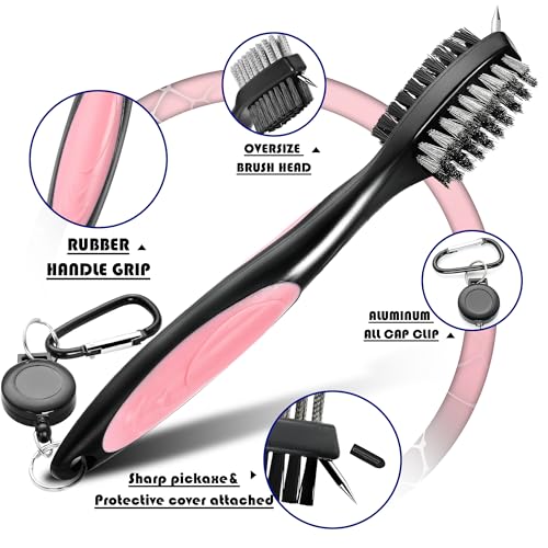 Golf Club Brush with Retractable Cord - Pink