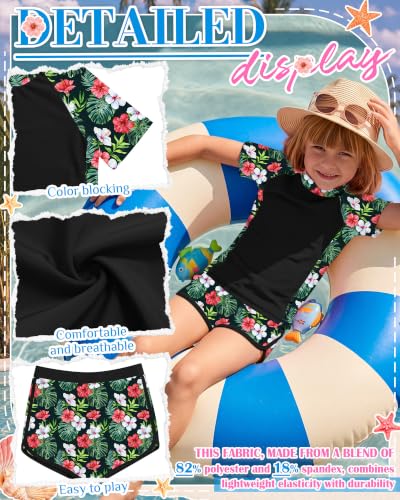 Girls Rash Guard Swimsuit 2-Piece Set Black Green 9-10 Years