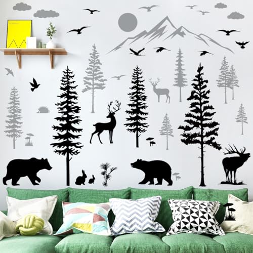 5 Sheets of 12x36inch Large Black and Grey Pine Tree Wall Sticker Peel and Stick Mountain Forest Tree Wall Decal Woodland Deer Bear Birds Wall Decor for Nursery Bedroom Living Room Decoration