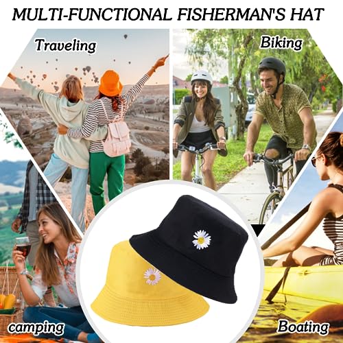 Zkptops Sun Hat for Women - Cotton Bucket Hat, Reversible Black Yellow, Beach Travel
