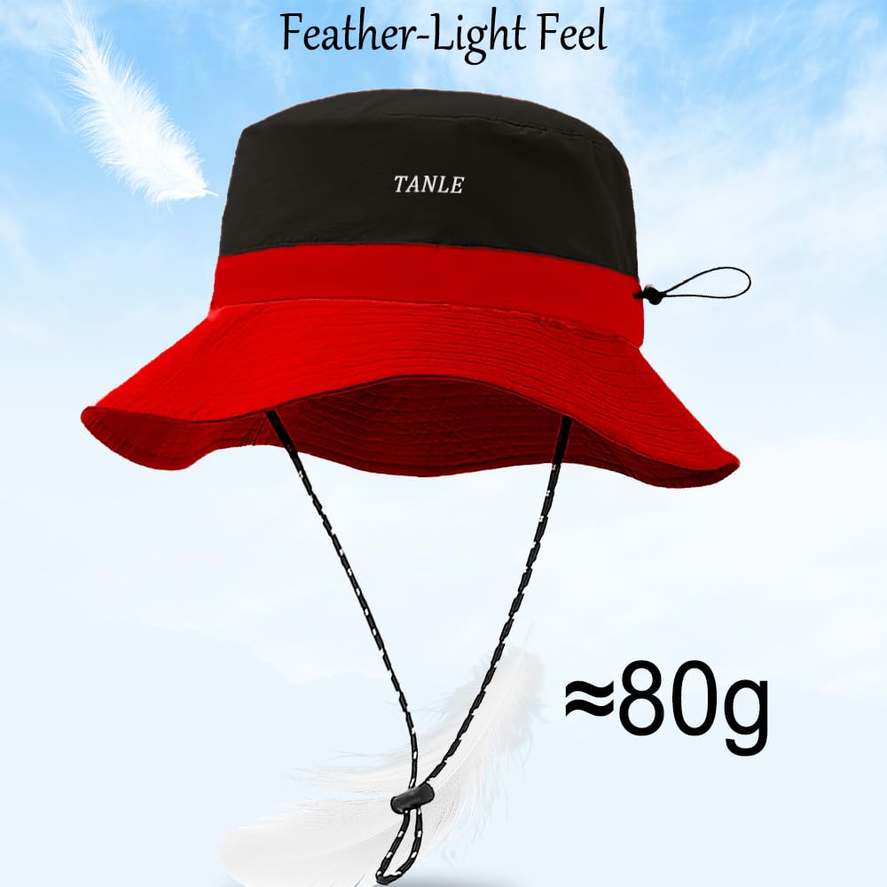 Foldable Bucket Hat for Men Women - Quick Dry Wide Brim Sun Hat with UPF 50+ UV Protection, Packable Breathable Cap for Travel, Hiking, Fishing & Beach（Black red）