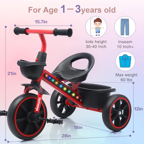 Youthkkee Red Toddler Tricycle for 1-3 Years with Tri-Light, Indoor & Outdoor Use