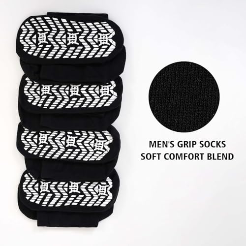 CaiDieNu Non-Slip Grip Socks for Men Black 11-13 Cushioned Cotton Crew Socks