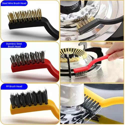 Wire Brush Set, 9-Piece, for Removing Weld slag, Rust and dust. Wire Cleaning Brushes comprise Three Different Sizes, Featuring Brass, Nylon and Stainless Steel Bristle Heads respectively,Colour