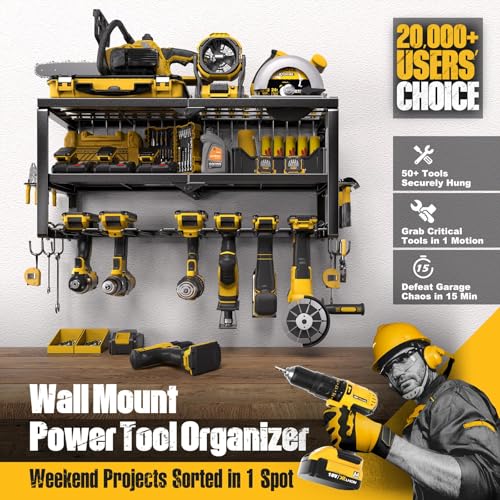 Power Tool Organizer for Tool Storage, Drill Holder Wall Mount with Screwdriver Organizer, Tool Holder for Garage Wall Organization, Heavy Duty Metal Tool Shelf with Battery Holder