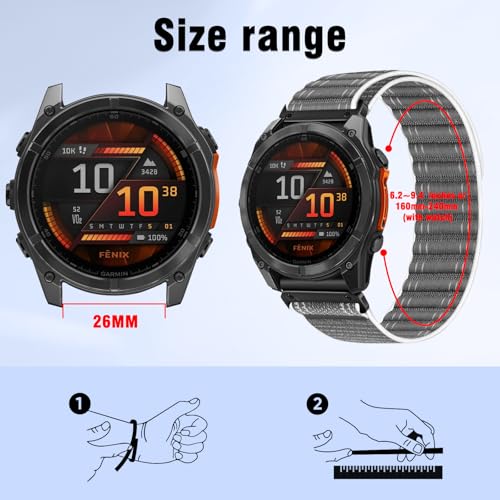 26mm Quickfit Nylon Watch Band - Gray Replacement Strap for Garmin Fenix 8/7X/6X/5X & Tactix 8