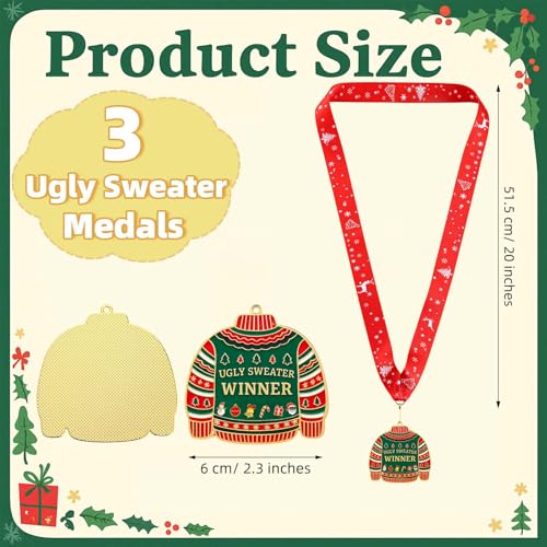 Ugly Christmas Sweater Contest Medals, 3 Pack - Metal Award Prizes
