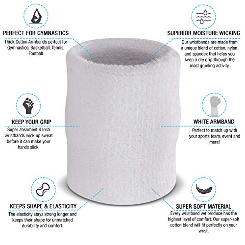 Arm Sweatbands - Absorbent Cotton Wristbands for Gym & Sports - White