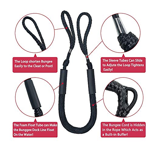 Jranter 4ft Bungee Dock Lines for Boat & Watercraft Mooring - Shock Cord Rope, 2150 lbs Strength