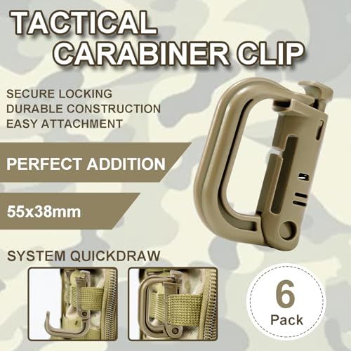 Tactical Locking D Ring Carabiner Clips - 6 Pack Light Khaki