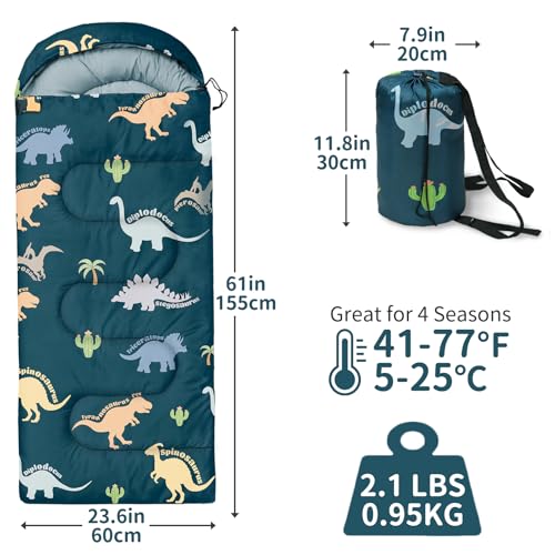 Kids Camping Sleeping Bag - Green Dinosaur, Lightweight Waterproof 3-Season for Boys & Girls