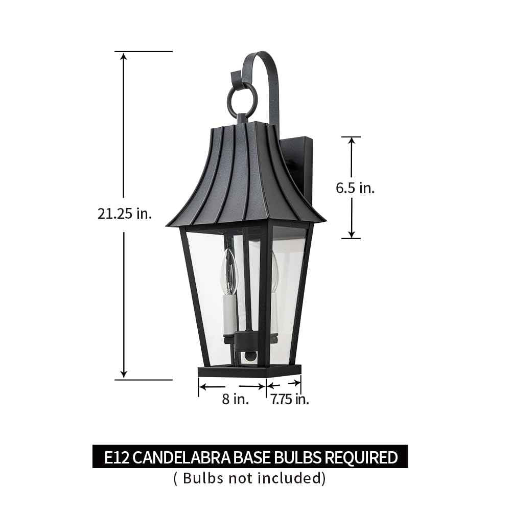 Large Outdoor Wall Sconce, Mate Black Exterior Light Fixtures for House, Waterproof Outside Porch/Patio Lights Wall Mount, with Clear Glass, White Candelabra, Perfect for Garage, Entryway