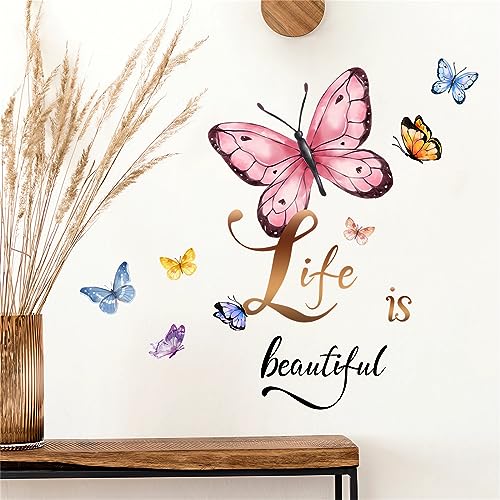 Colorful Butterflies Slogan Wall Stickers, sacinora DIY Art Wall Decals Life is Beautiful Removable Vinyl Peel and Stick for Living Room Bedroom Bathroom Nursery Playroom Decorations