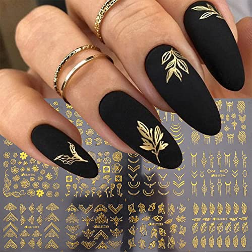 3D Floral Nail Art Stickers - Gold Flower & Lace Leaf Decals, 12 Styles