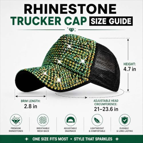 Bling Rhinestone Mesh Visor Cap - Adjustable Denim Hat Black+Green