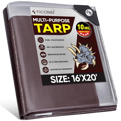 TICONN Heavy Duty Waterproof Tarp Cover Brown 16'x20' 10 Mil UV Resistant