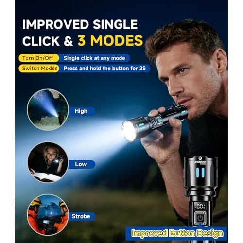 Esgofo Rechargeable Flashlights High Lumens 10000, Single Click Button Design, Super Bright 30W LED, Long Lasting 15H, USB C Input & Output, LCD Power Display, 6.69¡± Length, for Camping Hiking Home
