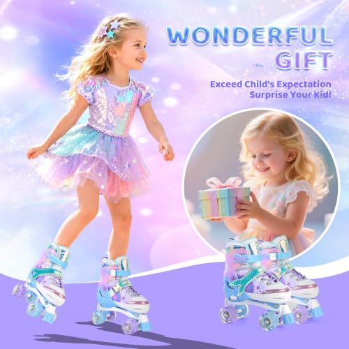 Light Up Adjustable Roller Skates for Girls - Mermaid Design - Blue Purple - Small