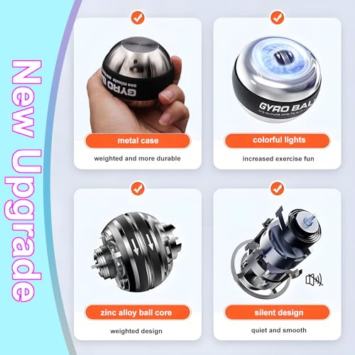 Weighted Gyro Ball Trainer with Light - Silver Torque Ball for Wrist & Forearm Strengthening