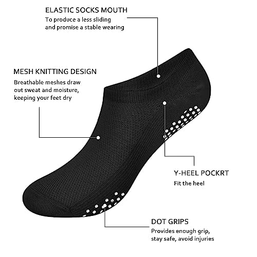 Non-Slip Pilates Socks for Women - Large Grip Sole - 6 Pairs, Black/Grey/Pink