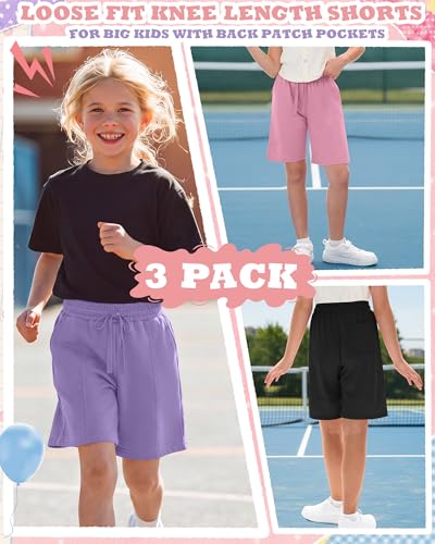 Girl's Knee Length Shorts - 3 Pack, 9-10 Years, Taro Purple, Pink, Black