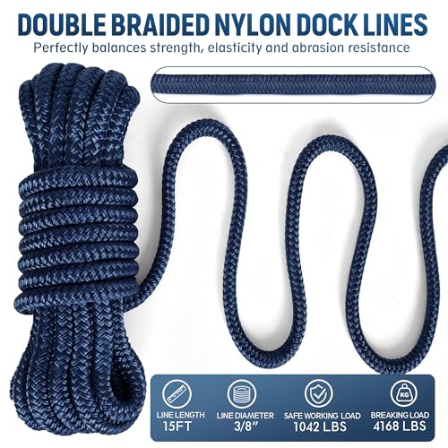 Boat Dock Lines 2 Pack 3/8" x 15' - Boat Ropes for Docking with Loop, Marine- Grade Double Braided Nylon Dock Line, 3/8 Nylon Rope for Mooring, Towing, and Anchoring, Boat Gifts for Men (Navy Blue)