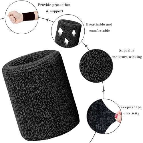 4 Inch Wrist Sweatbands - Absorbent Cotton for Sports - Blue/Black/White - 6 Pack